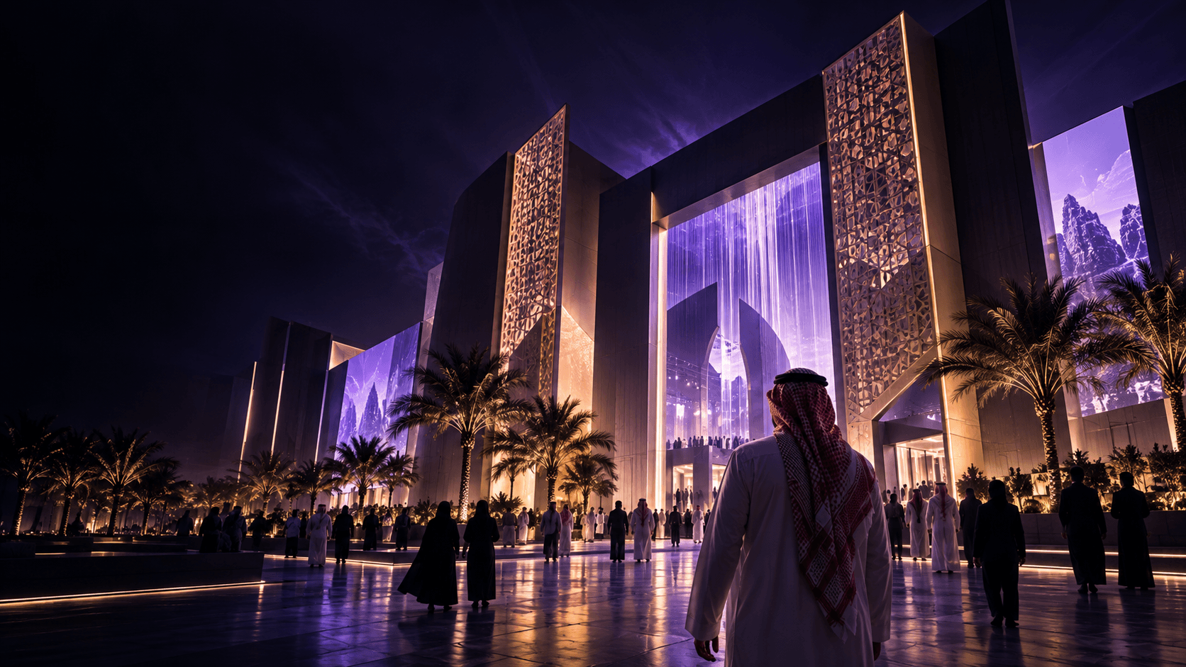 A monumental illuminated pavilion at night, its geometric facades lit in purple, with a crowd gathered in front of it