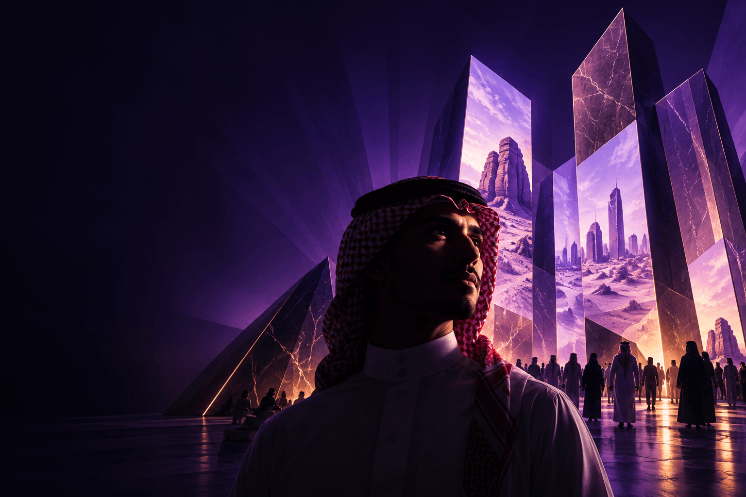 A Saudi man in traditional dress standing before a monumental, illuminated vision of Saudi Arabia