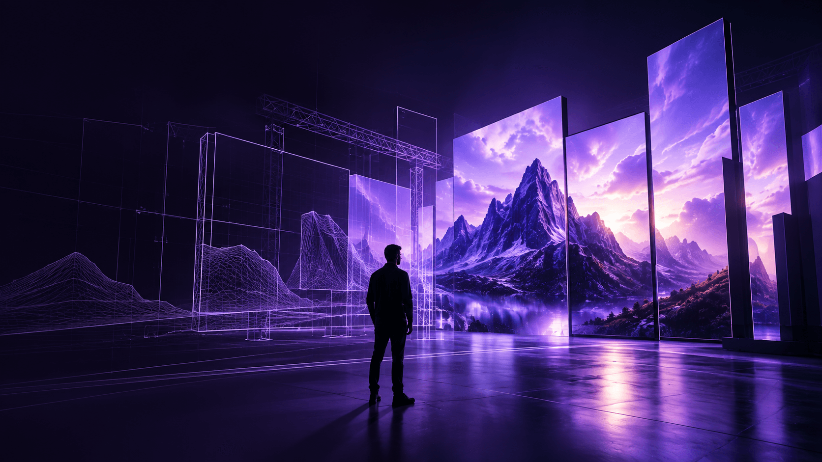 Wireframe geometry resolving into a finished landscape across immersive display panels
