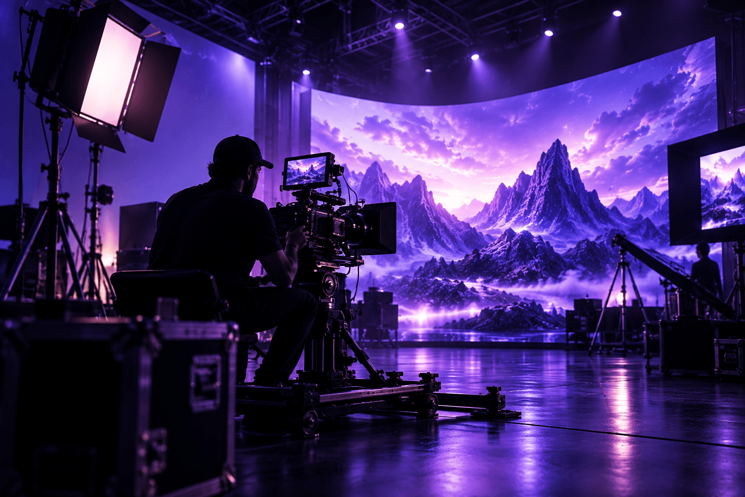 A camera operator filming an immersive landscape on a curved LED production stage