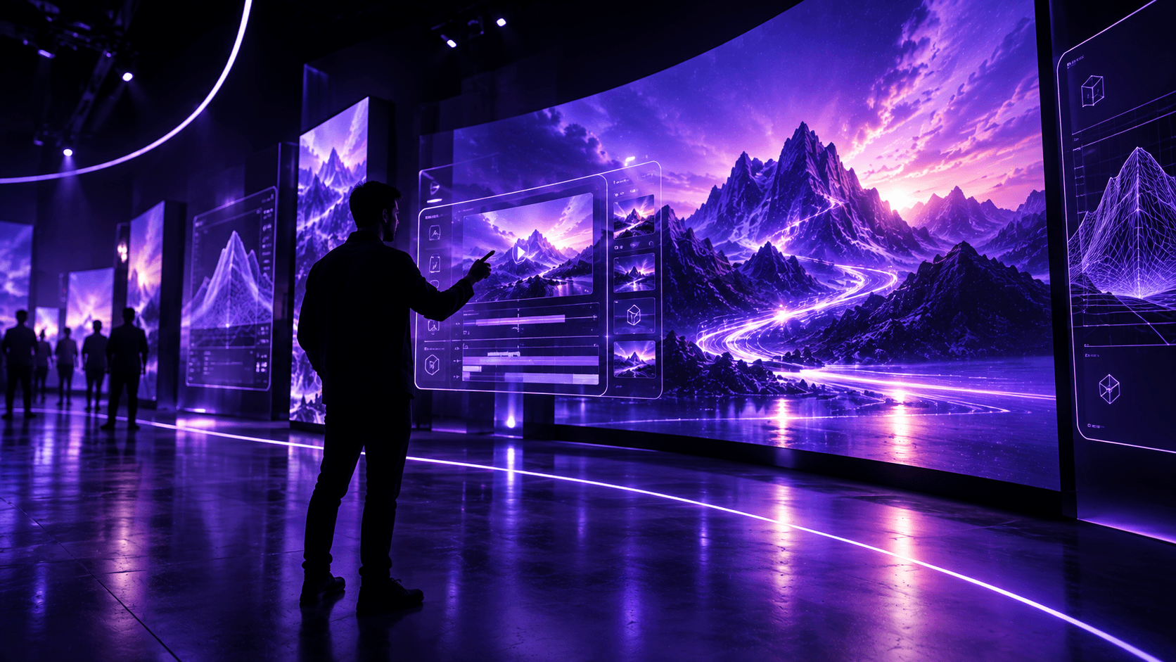 A visitor using a floating interface in front of a large immersive LED landscape