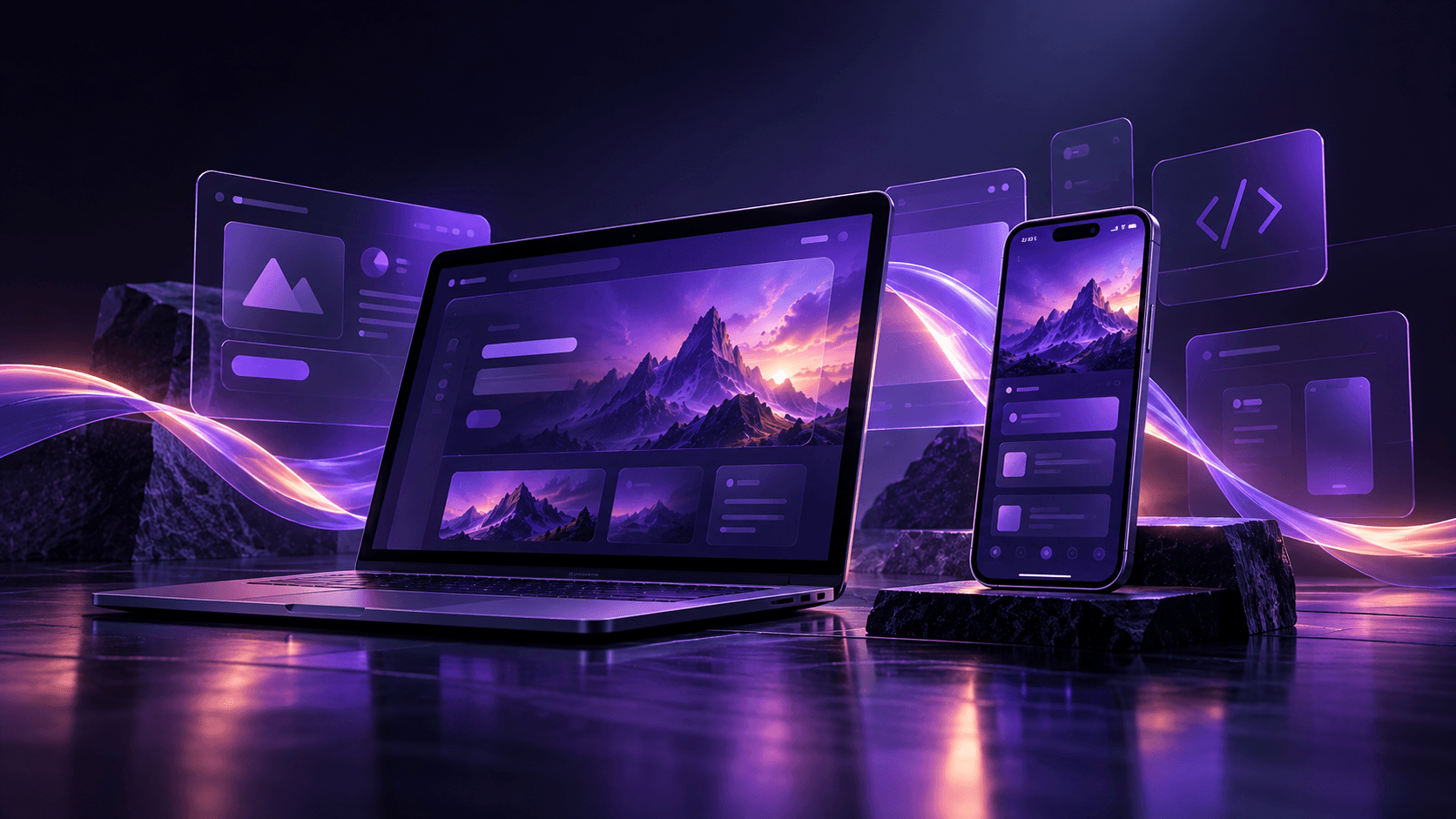 A laptop and a phone displaying connected digital product interfaces