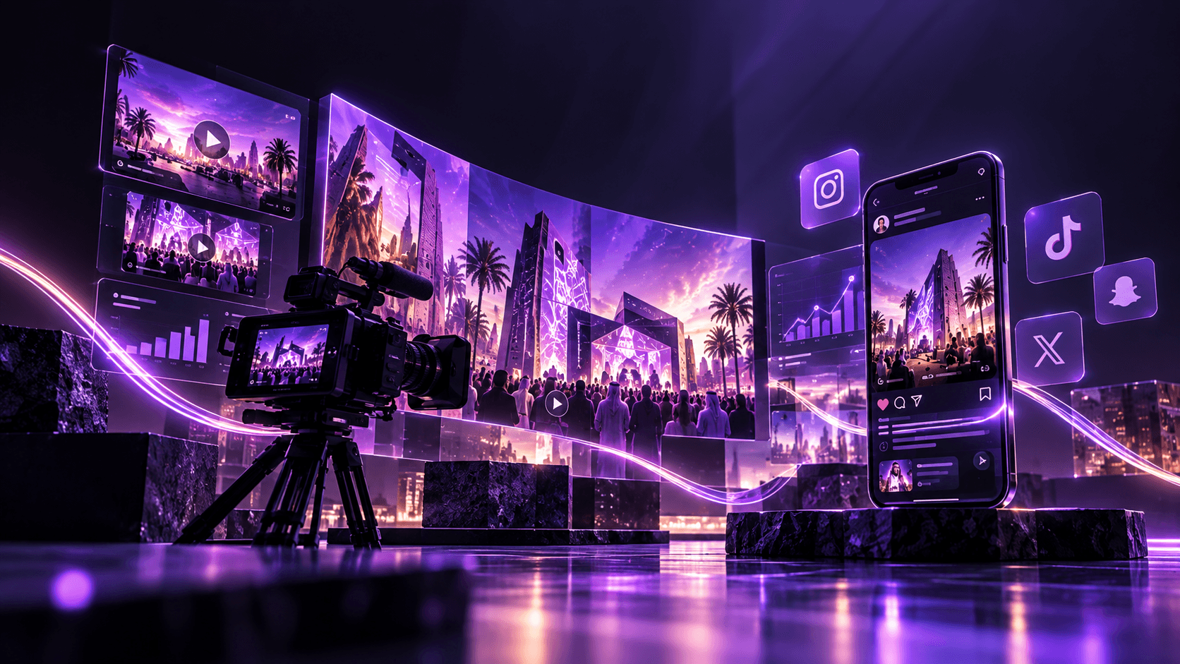A camera team, campaign content screens, and a social-media phone interface in a violet-lit studio