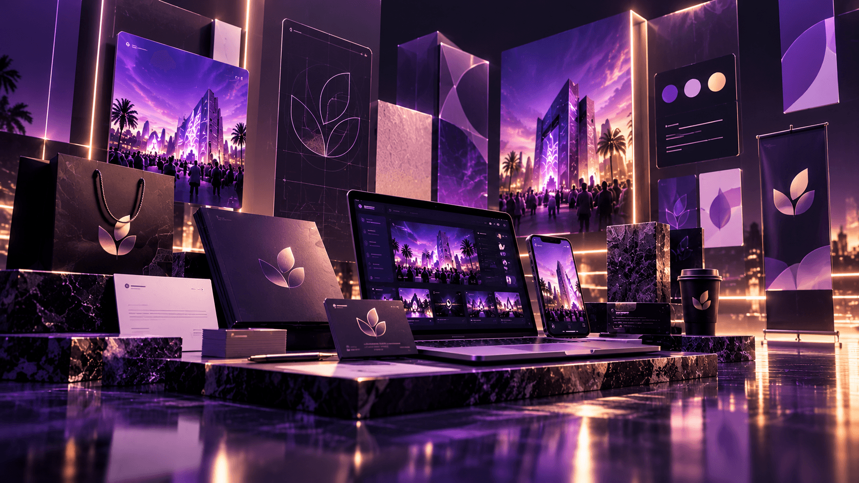 A brand identity system presented across digital screens, printed materials, packaging, and a campaign environment