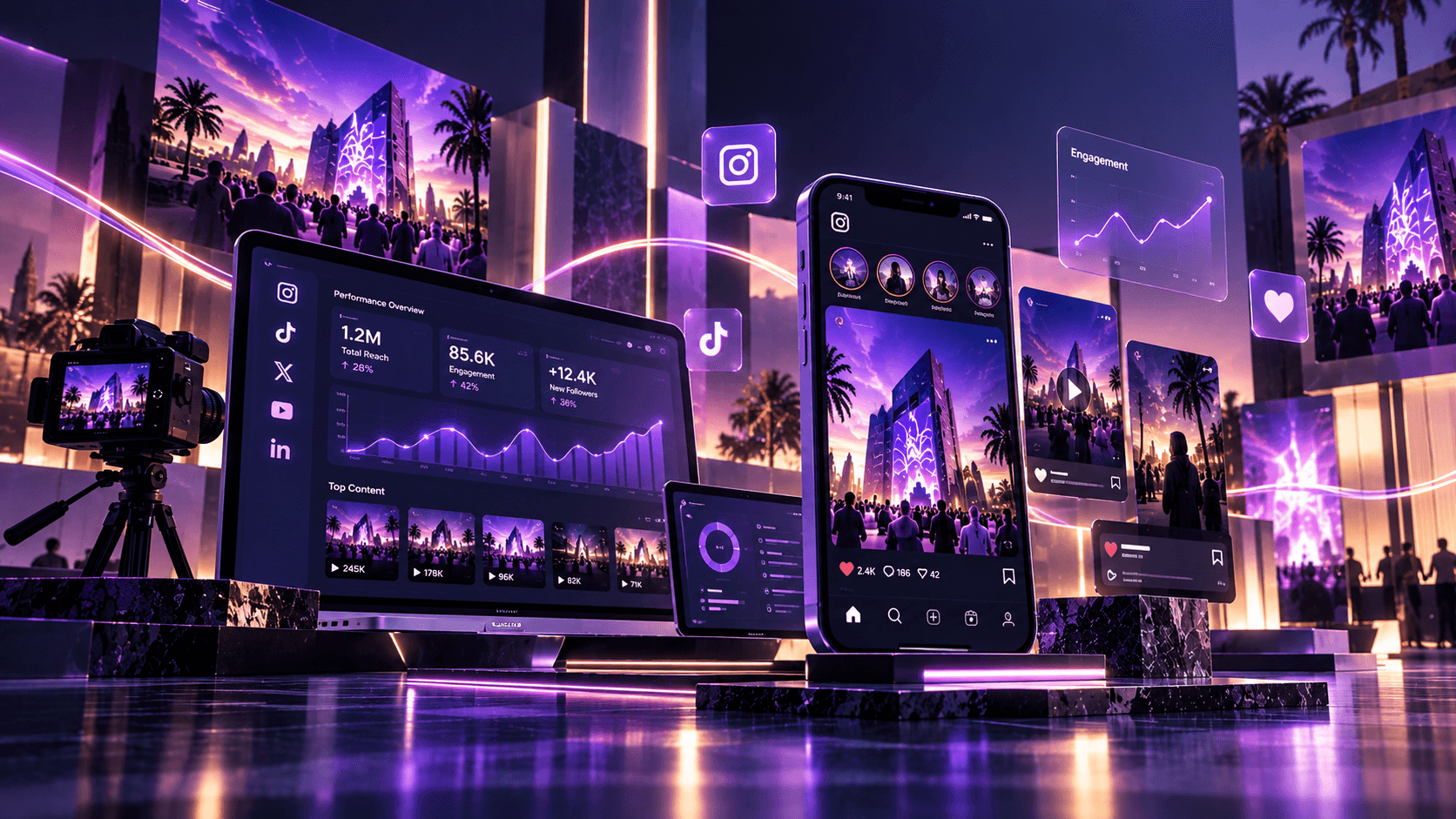 A social media performance dashboard and phone interface surrounded by campaign content and engagement metrics